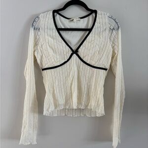 Thirty Thirty Long-Sleeve Lace Top with Black Trim, Y2K, Size L